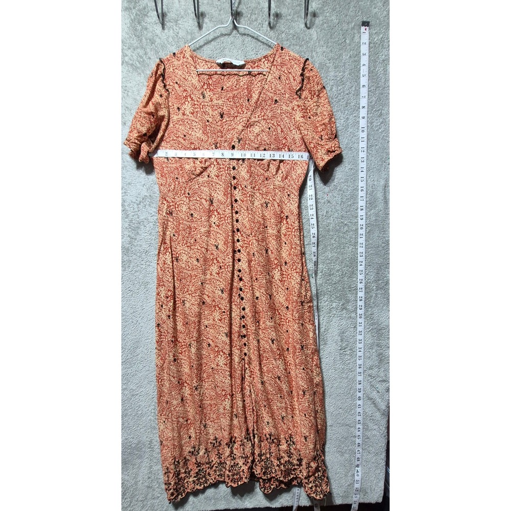 Zara Rust Orange Paisley Midi Dress Button Front Boho Embroidered Size Medium - Picture 4 of 5